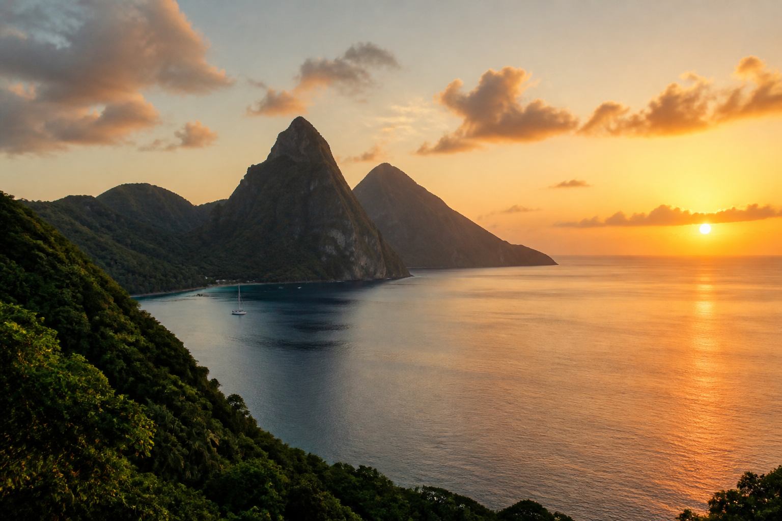 圣卢西亚皮通山与加勒比海景观